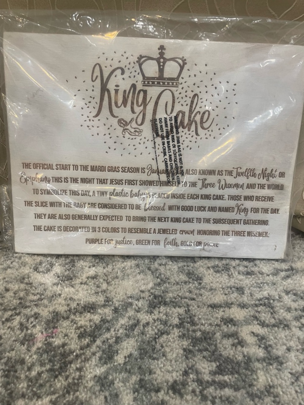 King Cake Decorative Serving Board White with Gray Print